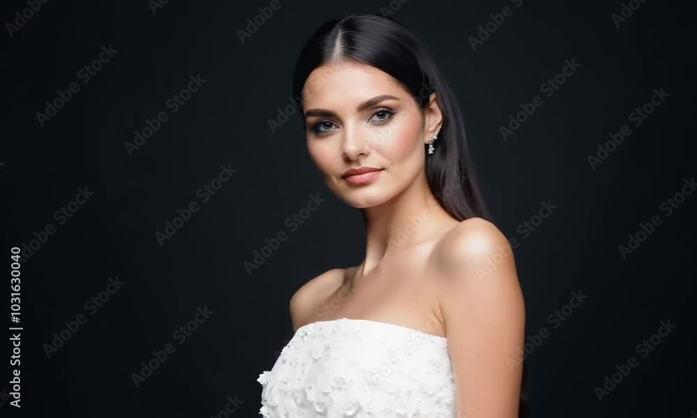 Portrait of a beautiful young woman with long black hair wearing a white strapless dress, looking directly at the camera, against a black background. Portrait of a beautiful young woman with long black hair wearing a white strapless dress, looking directly at the camera, against a black background.