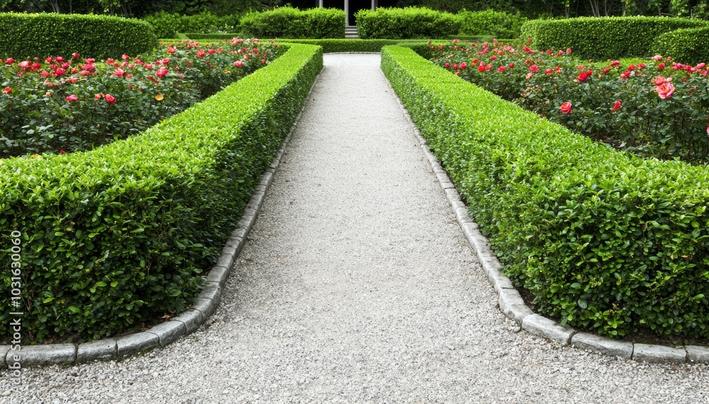 A lush English garden with manicured hedges, blooming roses, and a quaint stone pathway leading to a charming gazebo A lush English garden with manicured hedges, blooming roses, and a quaint stone pathway leading to a charming gazebo