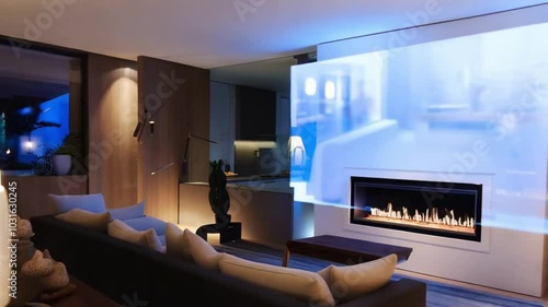 A stylish living room with a modern fireplace and ambient lighting. Seamless looping overlay for 4K virtual video animation background.