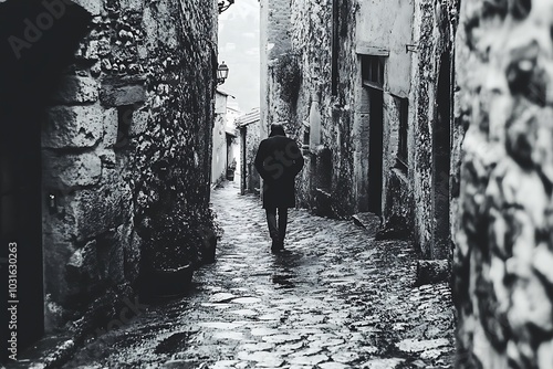 Walking Through a Narrow Stone Alley in a European City