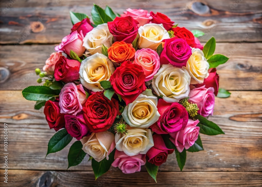 Stunning Aerial Shot of a Vibrant Roses Bouquet in Full Bloom - Floral Photography Stunning Aerial Shot of a Vibrant Roses Bouquet in Full Bloom - Floral Photography