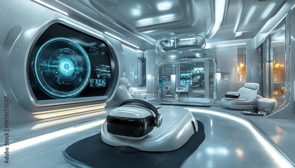 Futuristic interior design with a virtual reality headset and a large screen displaying a blue digital interface. Futuristic interior design with a virtual reality headset and a large screen displaying a blue digital interface.