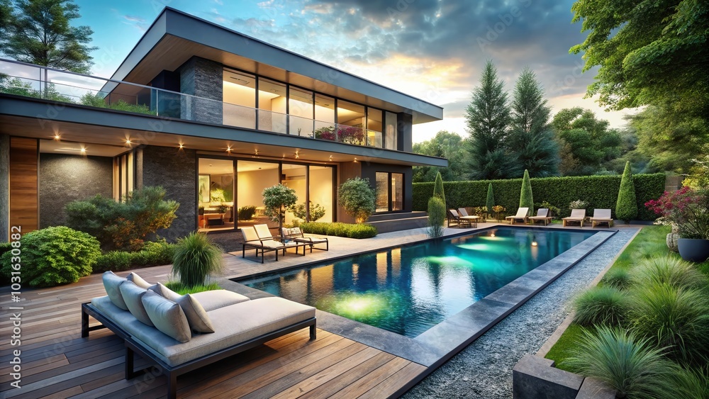 Fototapeta premium Stunning Aerial View of a Luxurious House with Pool Surrounded by Lush Landscaping