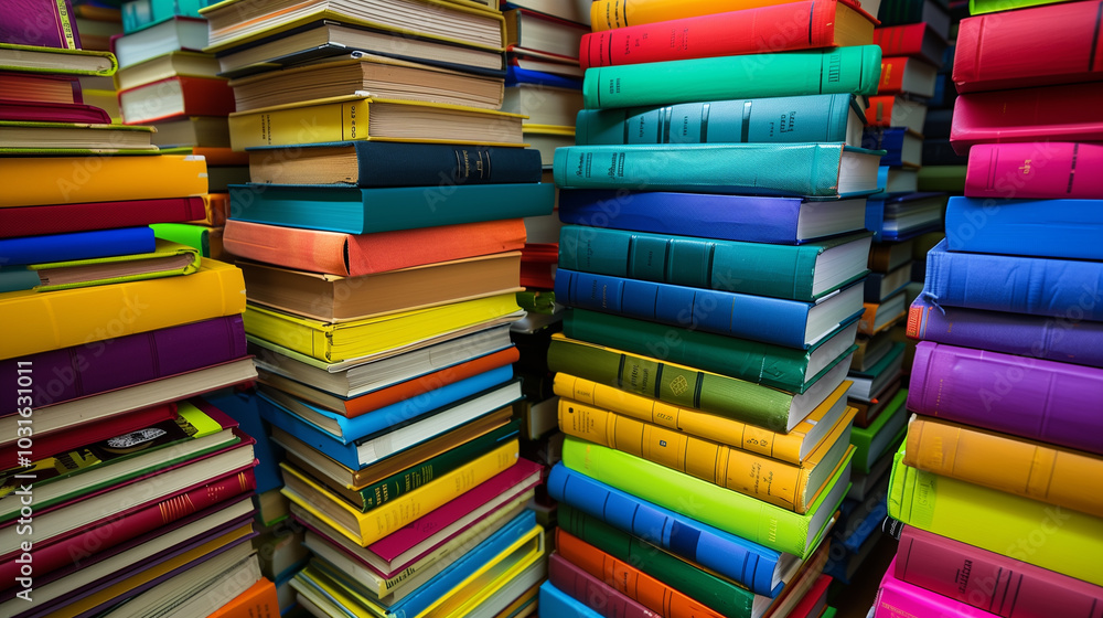 Many color stacks of books pattern background. Large group of books web banner. Huge stack of multicolored books Many color stacks of books pattern background. Large group of books web banner. Huge stack of multicolored books