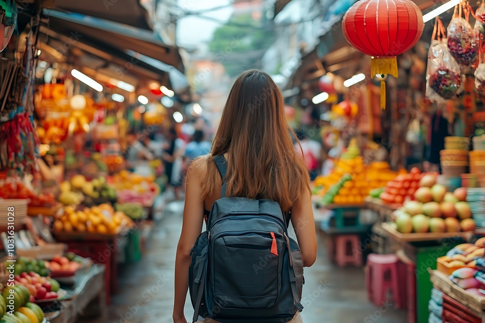 Exploring a Bustling Asian Market with a Backpack - Vibrant Colors, Fresh Produce, and a Sense of Adventure Exploring a Bustling Asian Market with a Backpack - Vibrant Colors, Fresh Produce, and a Sense of Adventure