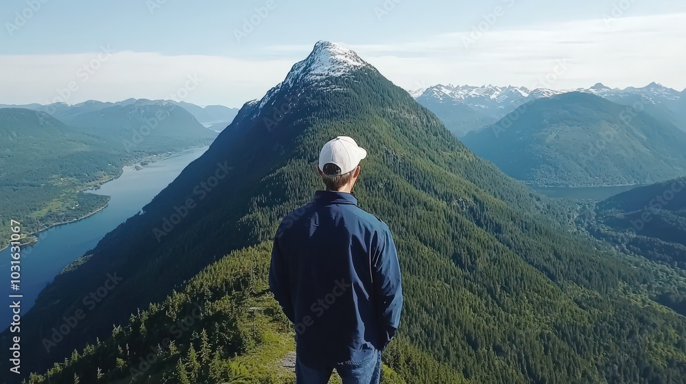 Man Standing on Mountain Peak with Lake and Forest View Man Standing on Mountain Peak with Lake and Forest View