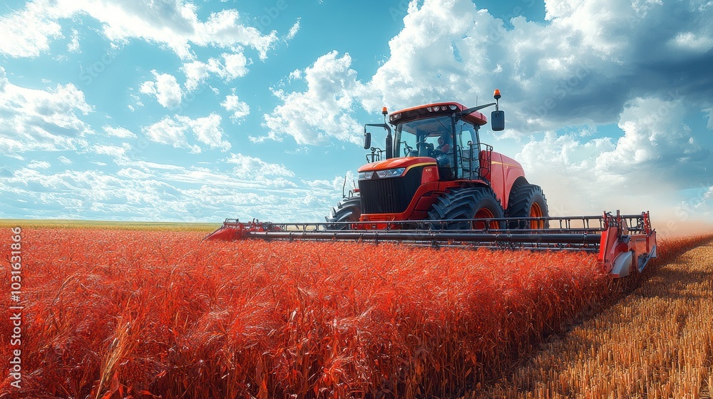 Obraz premium A red tractor harvests a golden wheat field under a bright blue sky with white fluffy clouds.
