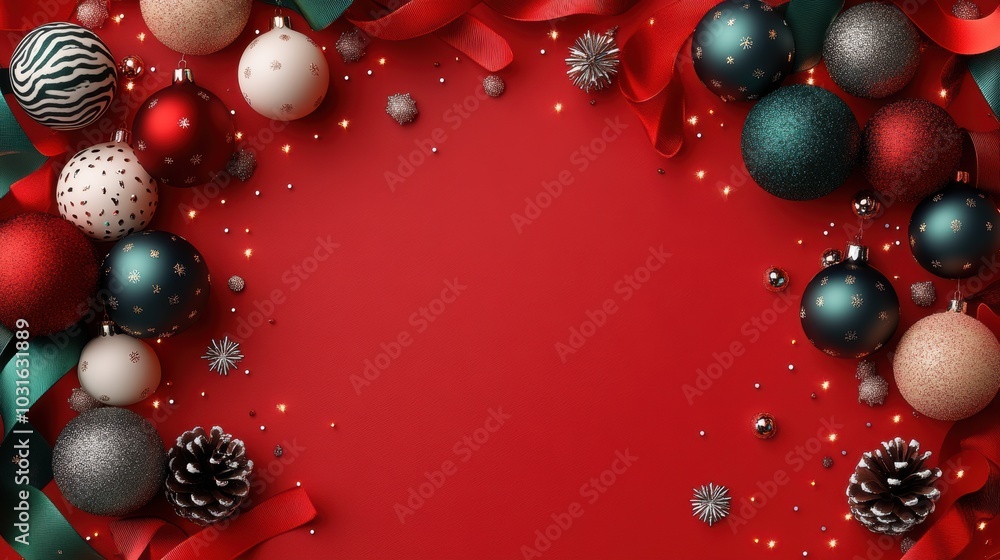 Festive Christmas baubles, pinecones, and glittery decorations arranged with ribbons on a vibrant red background, creating a holiday-themed border. Festive Christmas baubles, pinecones, and glittery decorations arranged with ribbons on a vibrant red background, creating a holiday-themed border.