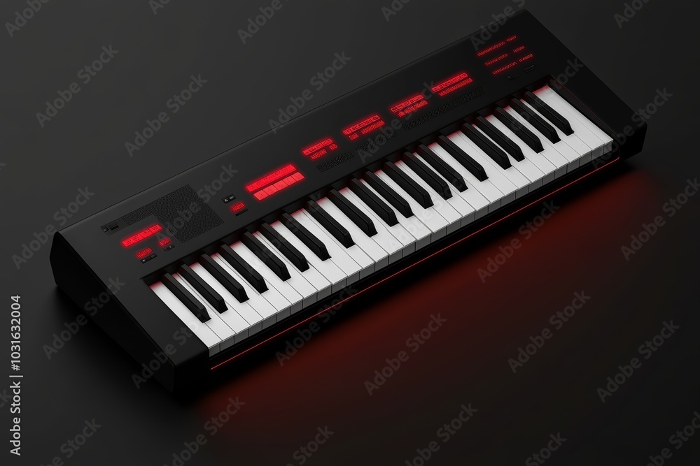 Close-up of futuristic synthesizer keys with glowing red buttons, sleek design, and polished surface, highlighting modern electronic music technology, Synthesizer, Music Innovation Close-up of futuristic synthesizer keys with glowing red buttons, sleek design, and polished surface, highlighting modern electronic music technology, Synthesizer, Music Innovation