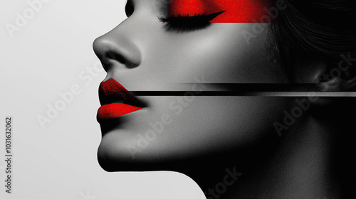 Black-and-white photography of an elegant woman with red lipstick, a black strip in the middle is placed across her face. The photograph has vibrant colors and high contrast