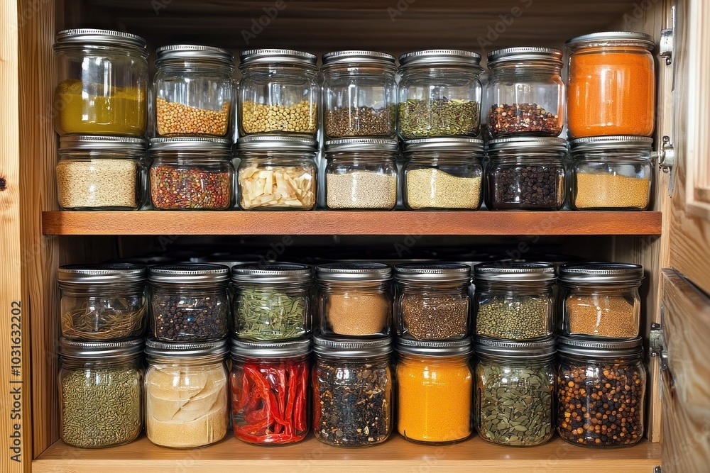 Glass jars filled with different spices on wooden shelves. Glass jars filled with different spices on wooden shelves.