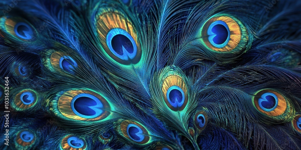 Obraz premium Blue and green peacock feathers.