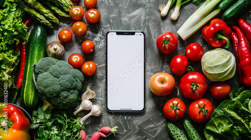 mockup phone Smartphone with white screen flat lay fresh vegetables delivery of fresh farm products tomatoes cucumbers onions broccoli cabbage garlic