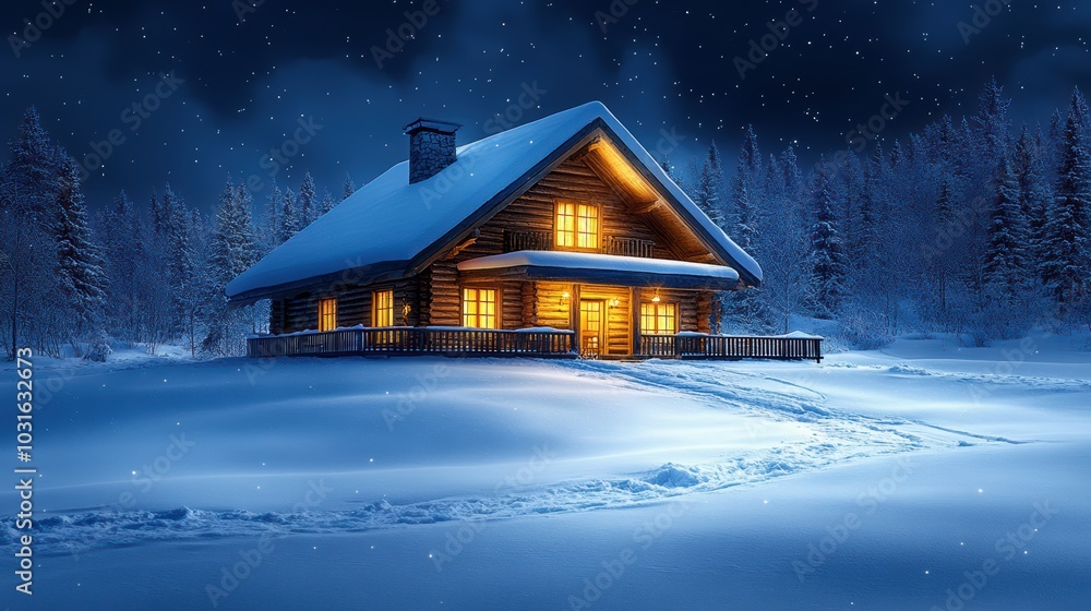 A warmly lit log cabin surrounded by deep snow and pine trees under a starry winter night sky, evoking a peaceful, cozy atmosphere. A warmly lit log cabin surrounded by deep snow and pine trees under a starry winter night sky, evoking a peaceful, cozy atmosphere.