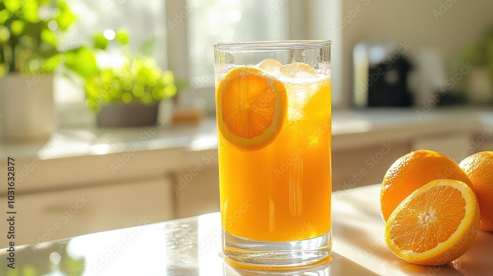 Glass of orange juice with ice and orange slices on a table. Glass of orange juice with ice and orange slices on a table.