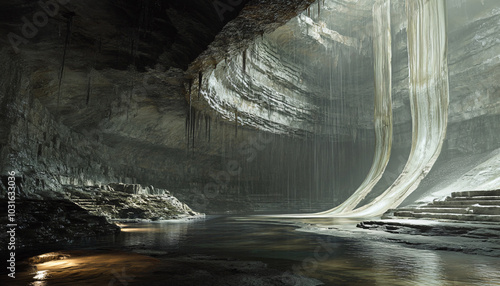 A massive underground cavern where rivers flow upside down, clinging to the ceiling photo