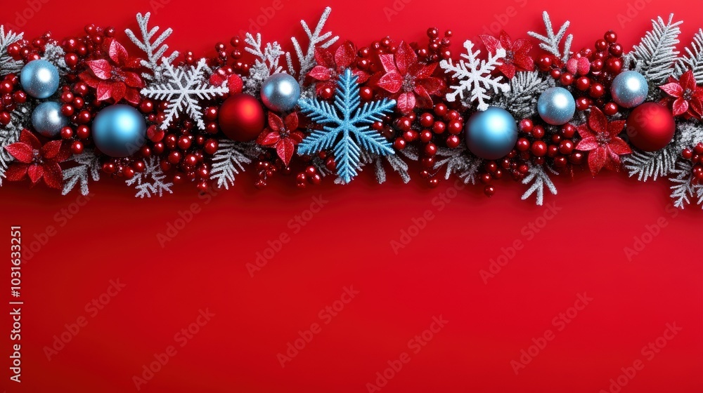 A decorative Christmas garland with red, blue, and silver ornaments, snowflakes, poinsettias, and berries, set against a vibrant red background. A decorative Christmas garland with red, blue, and silver ornaments, snowflakes, poinsettias, and berries, set against a vibrant red background.
