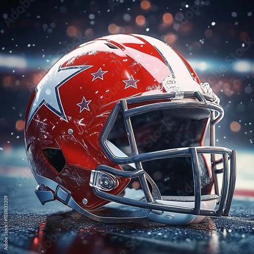 A red American football helmet with white stripes and star decals, set on a field with a blurred stadium background.