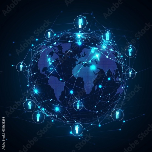 A digital representation of the Earth with glowing blue connections and icons of people, symbolizing global social networking.