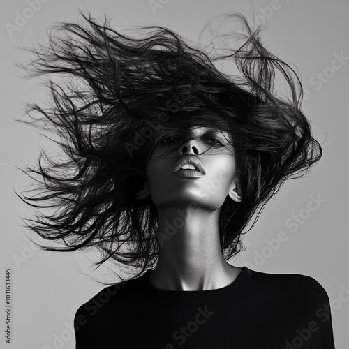 Black and white portrait of a woman with flowing hair in motion, capturing a dramatic and powerful expression. The image highlights contrast and texture.