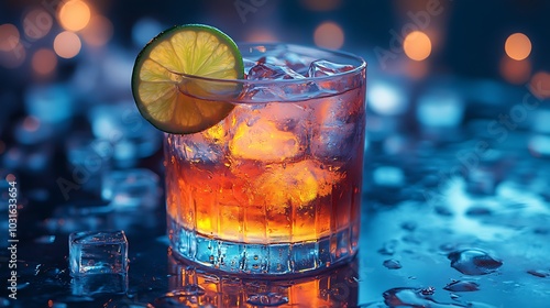 A refreshing cocktail with ice and lime wedge in a glass on a wet surface with a blurry background. photo