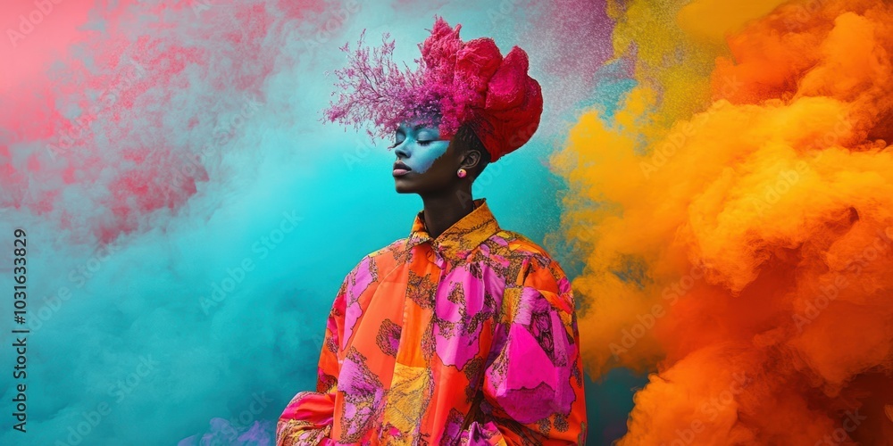 Fototapeta premium Woman in colorful clothing, surrounded by smoke.