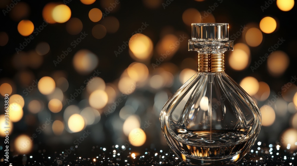 Elegant Glass Perfume Bottle with Bokeh Background Elegant Glass Perfume Bottle with Bokeh Background