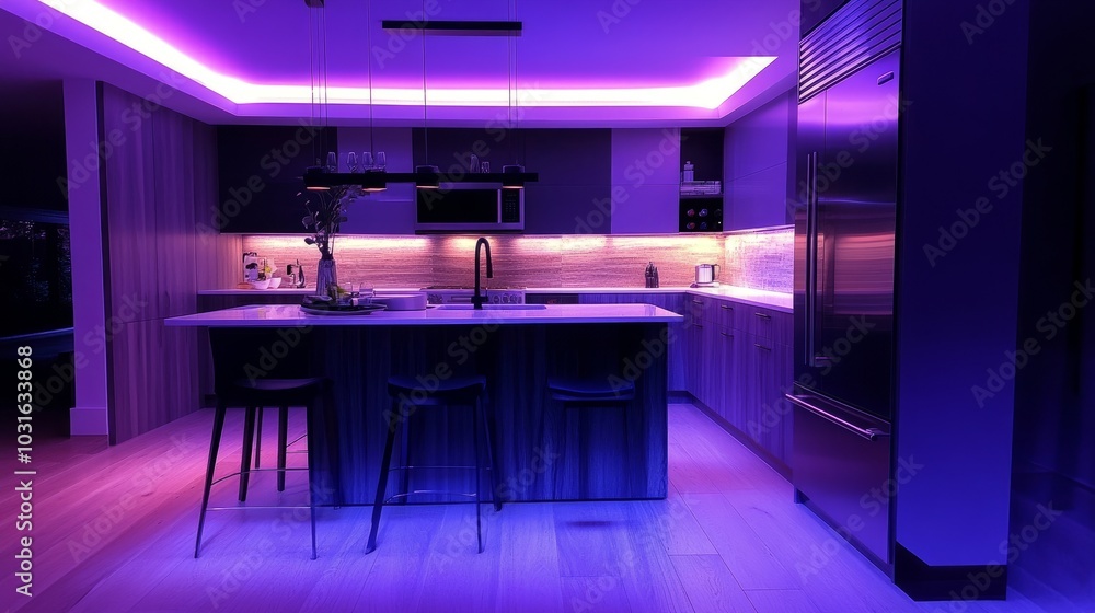 Modern kitchen space with energy-efficient ambient lighting, under-cabinet LEDs for visibility, and accent lighting for decorative touches Modern kitchen space with energy-efficient ambient lighting, under-cabinet LEDs for visibility, and accent lighting for decorative touches
