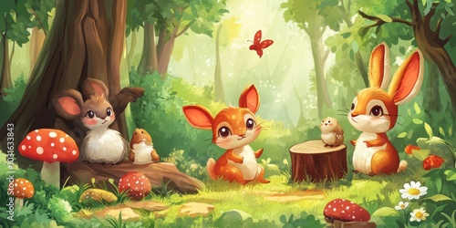 Cute woodland creatures gathering in a forest.