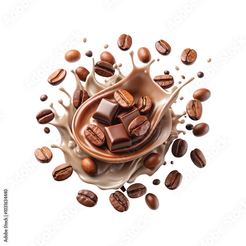 Coffee beans with chocolate and milk splashes png background