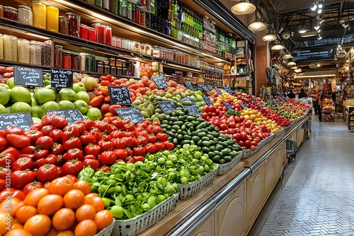 Vibrant Produce Displayed in a Market Setting, Featuring Rows of Fresh Vegetables and Fruits