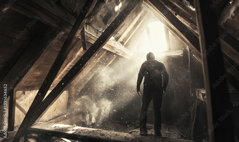 Hooded figure in attic with dust and light. Hooded figure in attic with dust and light.