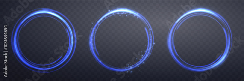 Glowing blue magic rings. Neon realistic energy flare halo rings. Abstract light effect on a dark transparent background. Vector illustration.