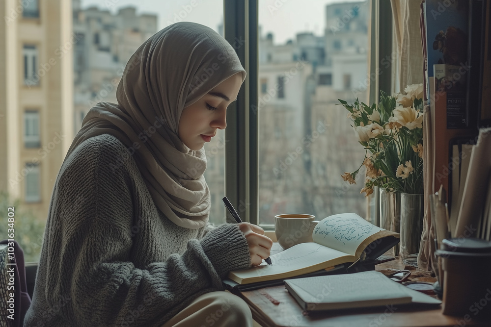 Muslim women are writing notes and reading books. Muslim women are writing notes and reading books.