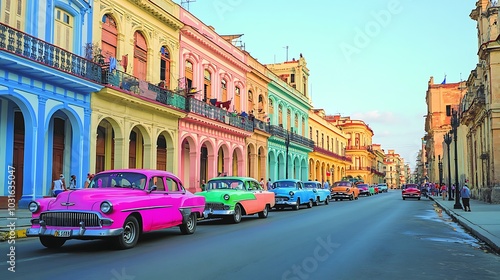 Colorful Buildings and Classic Cars Line a City Street