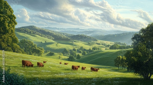 Green rolling hills with brown cows grazing.