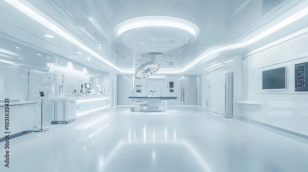 Obraz premium A sleek operating room equipped with the latest neurosurgery tools and devices, set against a clean white background, showcasing the advancements in medical technology.