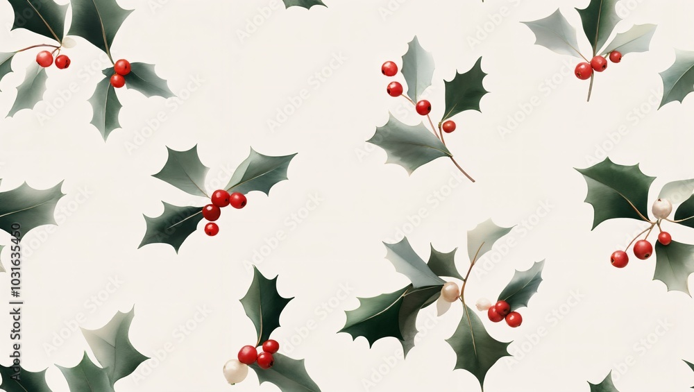 A beautiful arrangement of holly leaves and vibrant red berries against a soft backdrop, capturing the essence of festive celebration and winter joy, perfect for holiday decor. A beautiful arrangement of holly leaves and vibrant red berries against a soft backdrop, capturing the essence of festive celebration and winter joy, perfect for holiday decor.