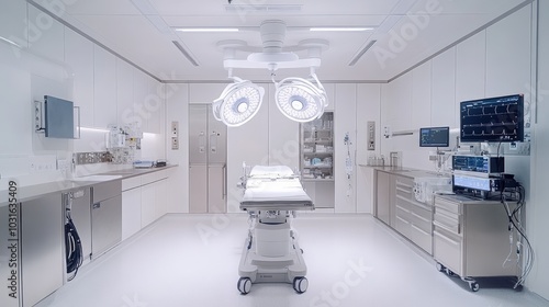 A sleek operating room equipped with the latest neurosurgery tools and devices, set against a clean white background, showcasing the advancements in medical technology.