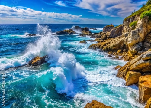 Stunning Blue Shiny Sea Waves Crashing Against Rocky Coastline in Vertical Video Format for Nature and Travel