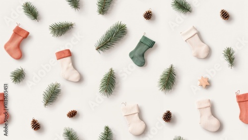 Wallpaper Mural A Joyous Winter Decor Scene Featuring Charming Miniature Stockings Surrounded by Evergreen Sprigs, Pinecones, and a Star, Creating a Warm Holiday Atmosphere of Celebration. Torontodigital.ca