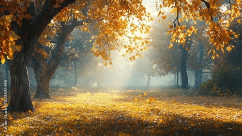 Golden leaves fall in a foggy forest.