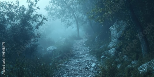 Misty forest path with rocks and greenery.