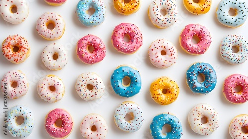 Donuts decorated icing and sprinkles on white background top view copy space pattern. 