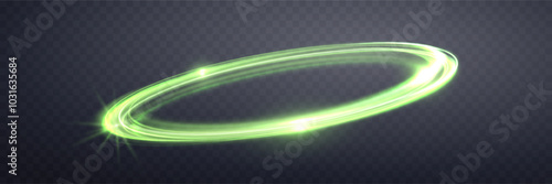 Glowing green magic rings. Dynamic orbital flare halo ring. Neon realistic energy swoosh swirl. Abstract light effect on a dark transparent background. Vector illustration.