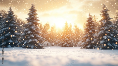 A serene winter scene with snow-covered evergreen trees, soft falling snow, and a warm sunset glowing through the forest.