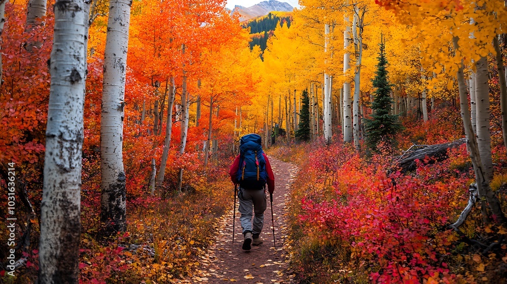 Hiking Through a Vibrant Autumn Forest with Golden and Red Leaves Hiking Through a Vibrant Autumn Forest with Golden and Red Leaves