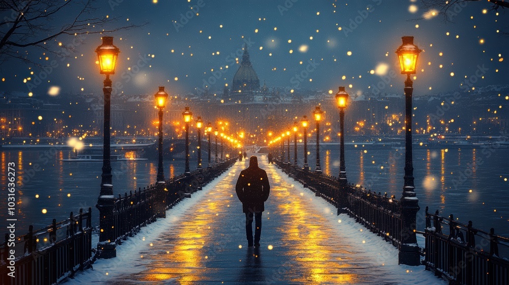 Obraz premium A solitary figure walks along a snow-covered bridge, illuminated by warm streetlights, during a peaceful winter evening snowfall.