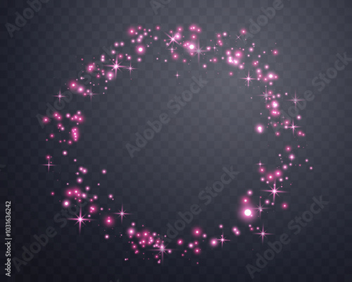 Pink glittering dots, particles, stars magic sparks shaped like a circle. Glow flare light effect. Pink luminous points. Vector particles on transparent background.