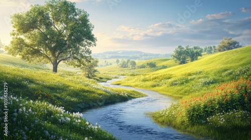 A winding stream flows through a grassy field.